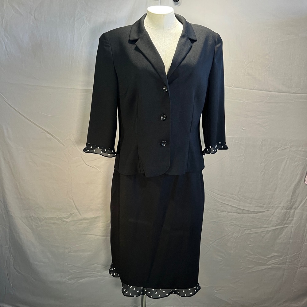 D.W. Studio by David Warren NY 2pc Suit Set 12 Black Blazer Skirt Polka Dot